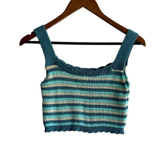 Women's Turquoise Striped Knit Crochet Crop Top - Picture 1 of 6